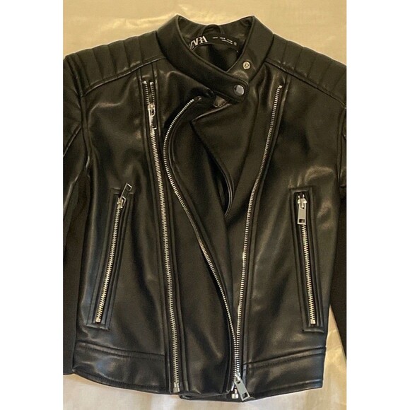 Zara Black Faux Leather Biker Zipper Jacket Women’s Size Small - Picture 2 of 8